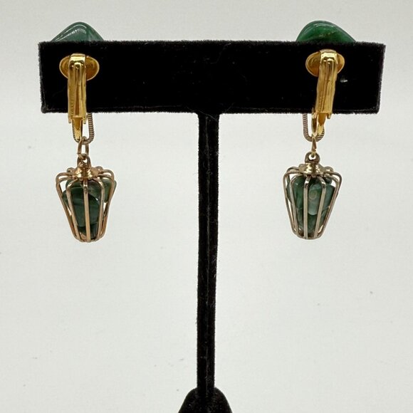 Vintage Gold-Tone Green Stone Clip-On Earrings With Dangling Cage Design - Picture 2 of 8